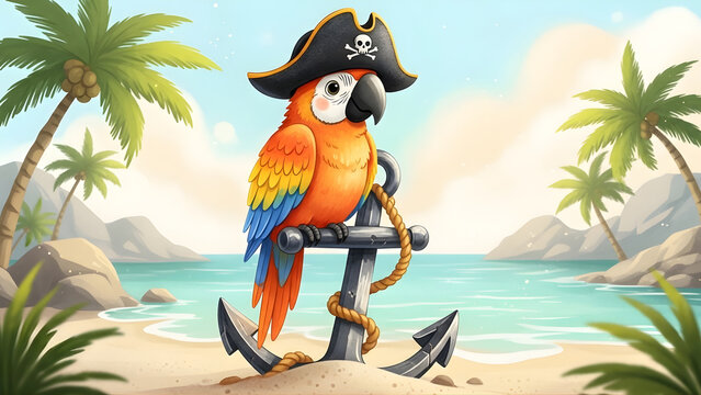 Vibrant parrot wears pirate hat on tropical beach with anchor