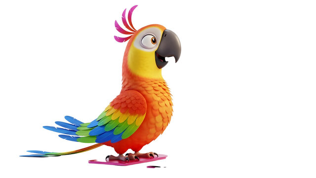 Vibrant cartoon parrot with colorful feathers stands on pink base looking playful and cheerful in 3d illustration