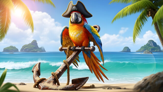 Vibrant parrot wearing pirate hat perches on anchor at tropical beach with palm trees and turquoise ocean