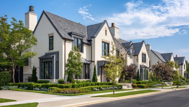 Elegant modern homes with slate roofs, white stucco, and lush landscaping