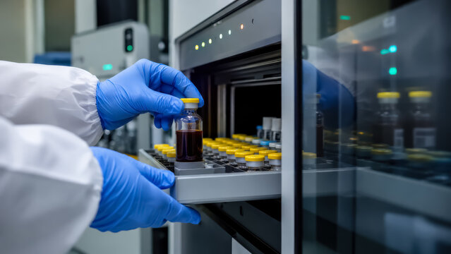 Hands with gloves introduces vials of biological samples into automated equipment in the lab. Laboratory technician loading sample vials into automated analysis system