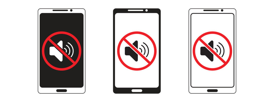 No Sound Mobile Phone Icon Set, Silent Phone and Mute Speaker Symbols, Vector UI UX Communication Control Icons