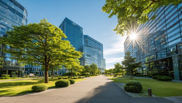 Sunlit modern office buildings flank a park-like walkway with lush trees