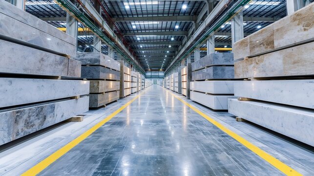 Stone slabs of marble and granite stacked on pallets along aisles of a large industrial warehouse or factory facility, ready for distribution in the construction and renovation industry