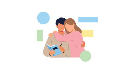 A flat vector illustration shows a young couple hugging while looking at an open book together, surrounded by colorful geometric shapes on white.
