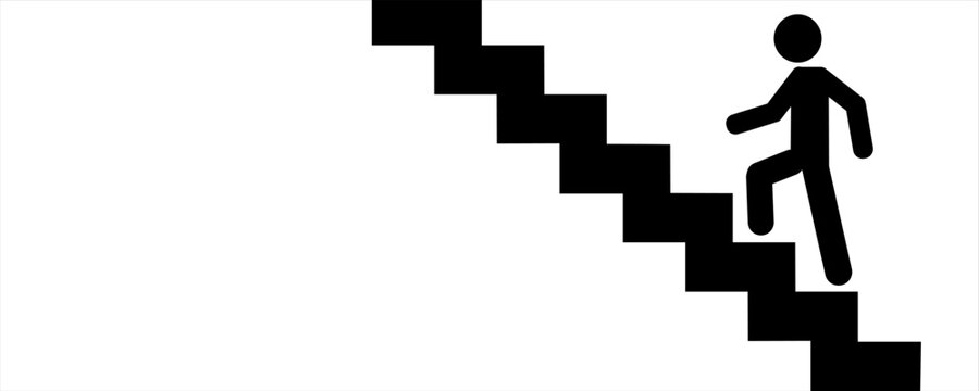Stairs icon vector illustration, Up or down walkway ladder symbol sign, Man climbs the stairs, Climb Up Stair Sign Flat Icon Isolated, Walking up staircase or stairs sign in silhouette. warning sign.
