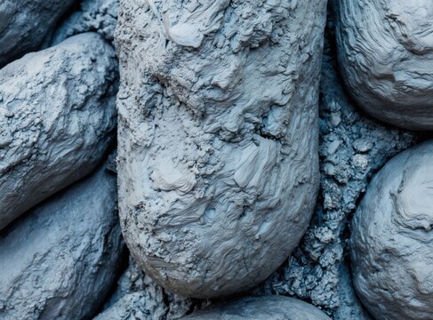 Wet blue clay textured background with rough natural formations. Soft grey mud clumps look like large stones mineral deposits. Smooth curves mix with gritty surfaces showing unique geology. Perfect