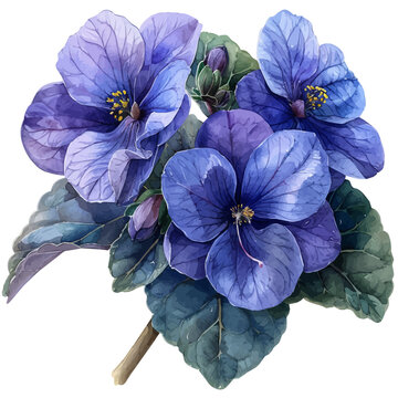 African Violet Flower, charming watercolor clipart, isolated on a white background.