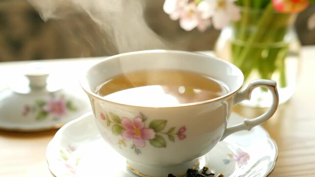 Hot tea in a patterned teacup, steaming teacup