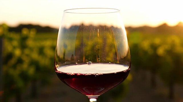 Close-up of a red wine glass in a vineyard, slow pouring of red wine at sunset