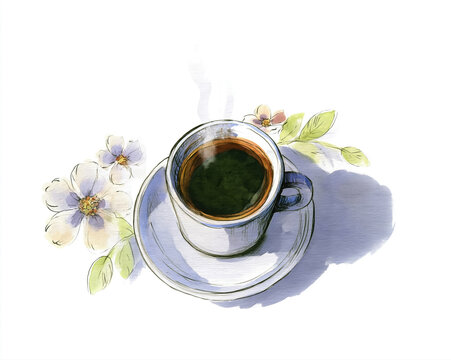 Artistic Coffee Cup with Floral Watercolor Illustration. AI generative.