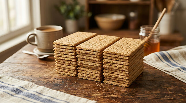 Three stacks of graham crackers on a rustic wooden table, perfect for breakfast or snack time.