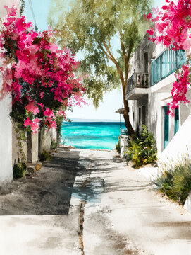 Mediterranean Coastal Watercolor &ndash; AI Generative