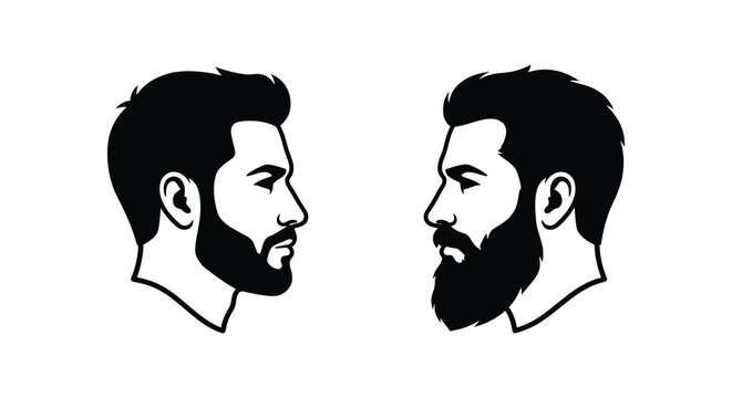 two male faces in profile silhouette beard hair side view black white contrast graphic design illustration
