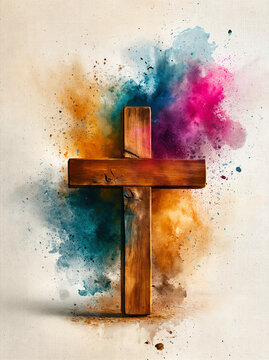 Wooden Cross with Color Explosion Abstract Spiritual Concept. AI generative.