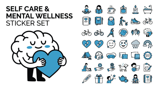Self care and mental wellness sticker set, blue brain character hugging heart, 40 icons for emotional health and mindfulness, vector illustration