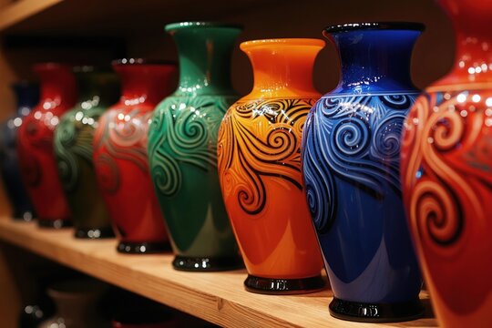 Row of colorful handcrafted glass vases with swirling patterns arranged on a wooden shelf. The decorative vessels boast vibrant hues and intricate designs, perfect for interior decor inspiration.