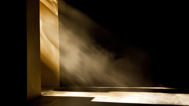 actor. A solitary beam of light cuts through the haze, casting stark geometric shadows in a minimalist theatrical scene. event programs.