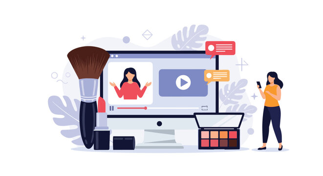 Young woman vlogger recording beauty tutorial on computer screen surrounded by makeup palettes and cosmetic accessories.