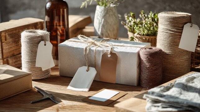 Wooden surface showcasing biodegradable wrapping materials and decorative embellishments. Ecoconscious handcrafted gift wrapping arrangements displayed on aged timber with natural decorations