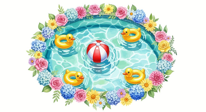 Summer pool party with rubber duckies and a floral border