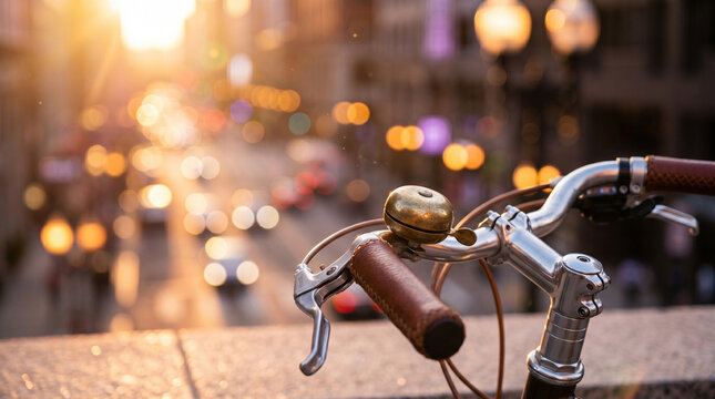 A close-up view of vintage bicycle handlebars with a brass bell, set against a blurred urban cityscape at sunset with beautiful golden hour bokeh lights.