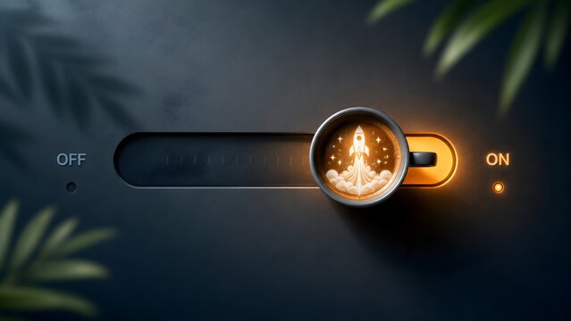 Rocket launch latte art coffee cup slider switch turning on representing morning energy startup and motivation