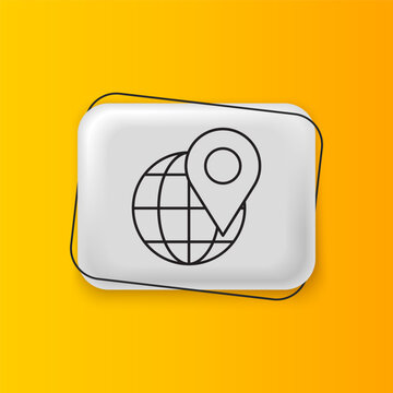Black Location on the globe icon isolated on yellow background. World or Earth sign. Silver rectangle button. Vector