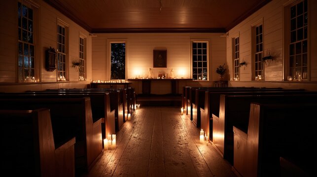 pew. Interior of a modest chapel with wooden pews, lit by warm candlelight. event programs, museum guides, designed for cultural heritage projects and event programs, supports education.