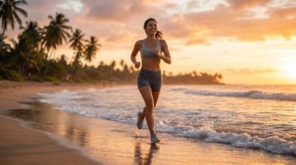 Fototapeta premium Joyful woman runs along a tropical beach at sunset, enjoying an invigorating workout amidst golden light and ocean waves, embodying a healthy and active lifestyle