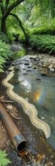 Naklejka premium Polluted forest stream with chemical foam and pipe discharge in lush green woodland highlighting water contamination and ecology