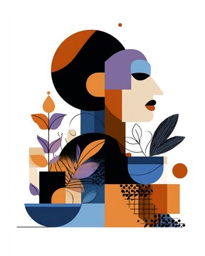Abstract geometric portrait in profile with layered botanical shapes and bold flat colors