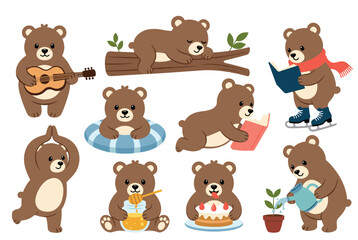 Obraz premium Set of cute cartoon brown bears participating in diverse activities like playing music reading gardening and celebrating.