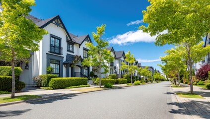 Fototapeta premium Row houses with manicured landscaping on a sunny suburban street