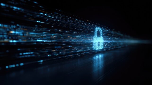 Glowing digital lock icon travels through abstract blue light streaks