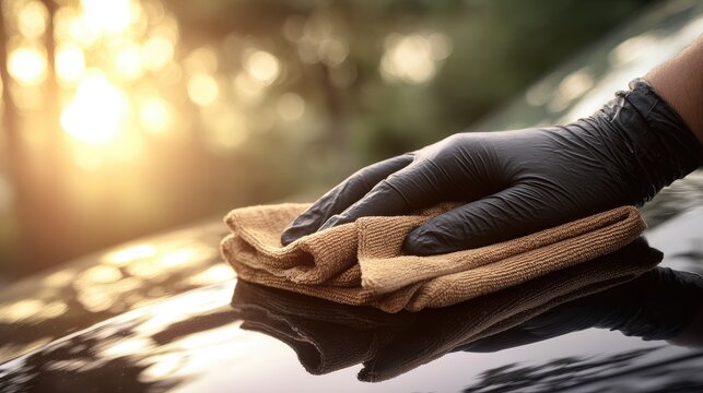 Gloved hand polishing a gleaming car surface with a soft cloth, sunlit