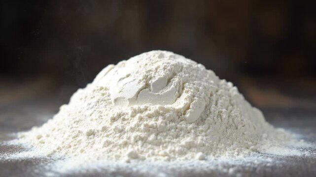 Close-up of flour piles, flour pouring into mountains