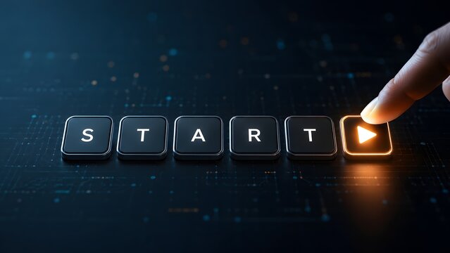 Digital technology start concept hand pressing glowing play button on futuristic dark dashboard keyboard