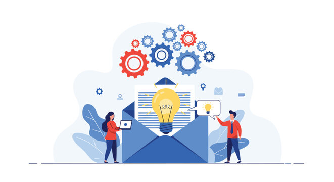Creative team receiving a brilliant business idea via email represented by a glowing lightbulb inside a large open envelope and gears.