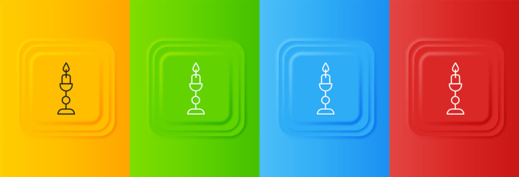 White Burning candle in candlestick icon isolated on colorful background. Old fashioned lit candle. Cylindrical candle stick with burning flame. Set icons in square buttons. Vector
