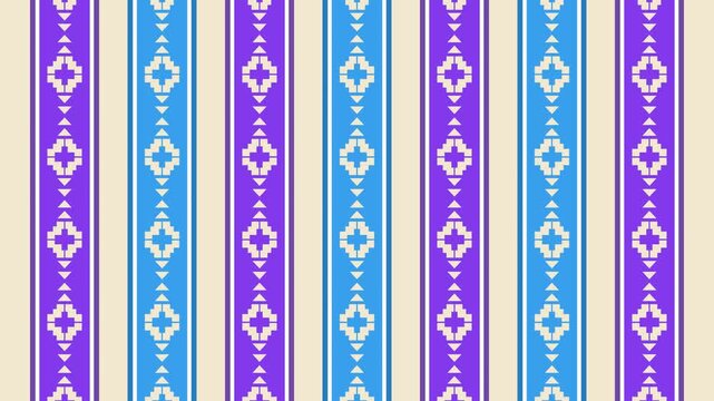 Seamless loop animation of purple and blue stripes featuring geometric abstract patterns moving up and down on a solid beige background layout