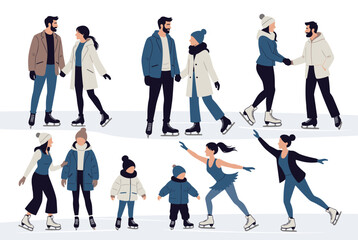 Obraz premium Diverse group of people, couples, and children enjoys a fun winter day by ice skating together on a large frozen outdoor rink.
