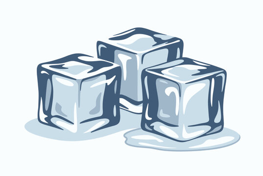 Detailed illustration shows three crystal clear blue ice cubes with melting water droplets on a clean white background.