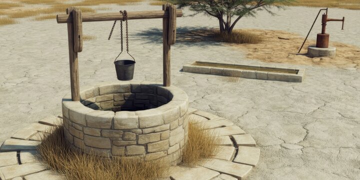 Rustic stone water well in sandy village courtyard with wooden bucket and dry rural landscape under warm daylight