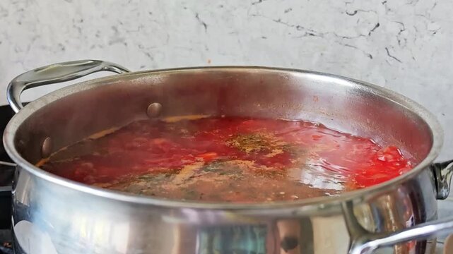 Boiling borscht soup in a stainless steel pot with rising steam, side view of simmering traditional dish, homemade cooking process, comfort food preparation