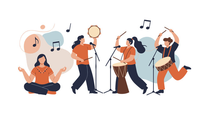 Musicians playing percussion instruments alongside a woman meditating in a spiritual and rhythmic group session.