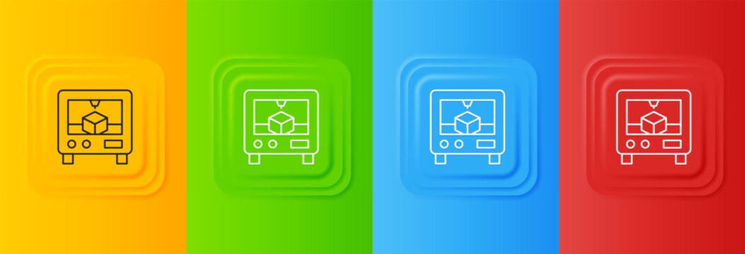 White 3D printer icon isolated on colorful background. 3d printing. Set icons in square buttons. Vector