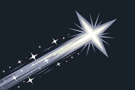Dynamic illustration shows a brilliant white shooting star streaking across a dark blue night sky surrounded by smaller stars.
