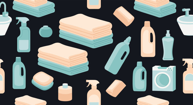 Seamless pattern background featuring various colorful cleaning supplies, folded towels, and laundry appliances for home maintenance.