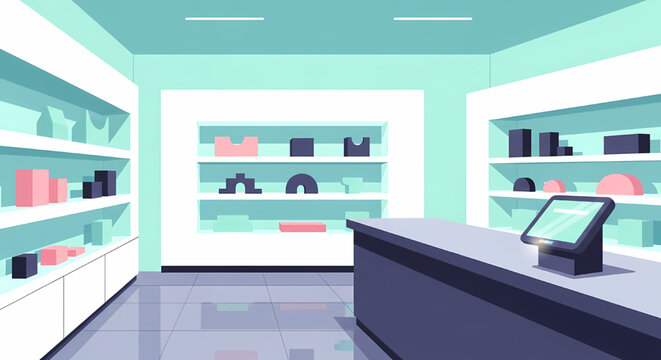Empty store interior with shelves and point of sale terminal
